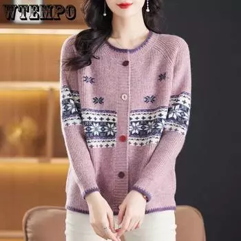 Жаккардовый вязаный свитер для мам, кардиган с круглым вырезом, свободный свитер, теплый осенью и зимой S абрикосовый