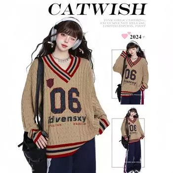 Жаккардовый вязаный свитер женский американский ленивый свитер без бретелек осень и зима новые модные внешние свободные скрученные блузки с V-образным вырезом M коричневый