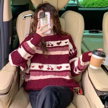 Жаккардовый женский свитер красного вишневого цвета, женский трикотаж в ленивом стиле, осень-зима, универсальный пуловер с круглым вырезом в стиле пэчворк onesize красный