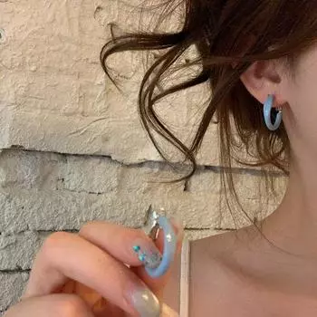 Zhang Ruonan Same Style Metal Simple Bracelet Earrings Fancy Elegant Unique Beautiful Earrings for Women Ear Ring Ear Clip Ear Studs S925 Silver Needle-Haze Blue Pair