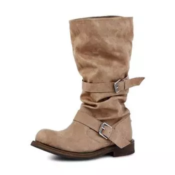 Zhang Yuanying Belt Buckle Pile Boots Thick Heel Retro Old Medium Boots Boots Niche Tooling Boots Women 35