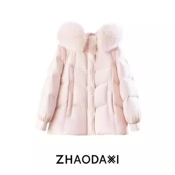 Zhao Daxi Самодельный | Пуховик Боевая мантия Снежной страны | 25 Новинка 90 Пух белого гуся С капюшоном Средней длины Длинный пуховик Peach powder L(More than 60.00kg (In Stock))