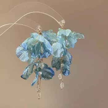 Zhao Lusi Same Style Earrings Blue Fabric Flower Travel Holiday Earrings Ear Studs Ear Clip without Piercing 2025 Spring and Summer Earrings