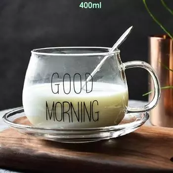 Жаропрочная боросиликатная круглая кружка «Доброе утро» со стеклянной ручкой для презентации кофе