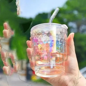 Жаростойкий боросиликатный стакан в радужном стиле с соломинкой | Презентационный стаканчик с радужным кофе