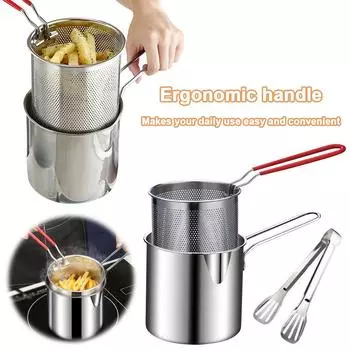 Жаровня с ситом и щипцами для еды, маленькая глубокая сковорода темпура из нержавеющей стали, фритюрница, сковорода для жарки курицы, инструменты для приготовления жареной курицы CHINA