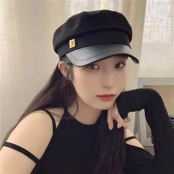 Желаемый темперамент~ Металлическая нашивка плоский верх берет женский элегантный темперамент ретро осень и зима Интернет знаменитость утиный язык M (56-58cm) C Flat Top Military Cap чёрный