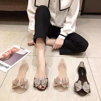 Желейные туфли Пластиковые сандалии Женские плоские туфли с бантом и стразами Пляжная обувь для отдыха на море Модные прозрачные сандалии 2024 34 розовый