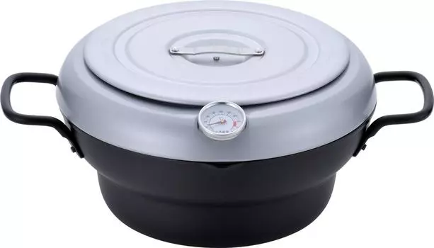 Железная кастрюля для жарки Wahei Freize с защитой от разбрызгивания масла, 24 см, с термометром на крышке, совместимая с IH, газовая кастрюля для жарки во фритюре, слив для масла, сделано в Японии чёрный