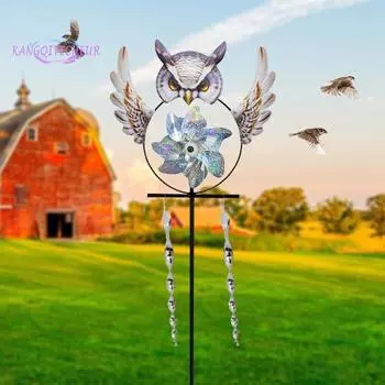 Железная вращающаяся ветряная мельница, прочная, устойчивая к ржавчине, простая установка, милый дизайн в виде совы, декоративная вертушка для ветра серебряный