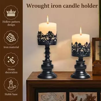 Железное искусство Изделия ручной работы Атмосфера Однотонный декоративный полый узор Подсвечник для гостиной Настольные украшения Украшение для дома S чёрный