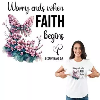 Железные нашивки с цветком и бабочкой Faith, моющиеся аксессуары для одежды, новые термопереносные нашивки своими руками, хит продаж