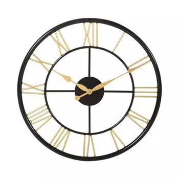 Железные настенные часы с открытым циферблатом римскими цифрами, аналоговые часы для гостиной, спальни, кухни, прихожей (16 дюймов, Черный и Золотой)
