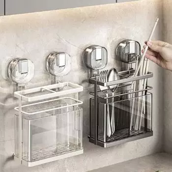 Железный держатель для палочек для еды с присоской, дренажная клетка для палочек, органайзер для ложек и палочек для кухни серый