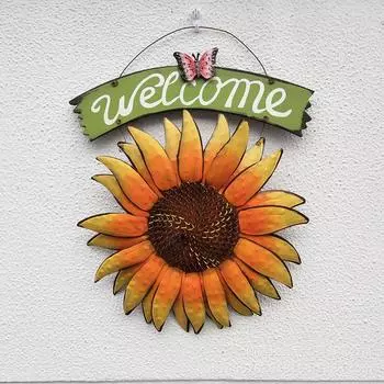 Железный приветственный знак Подсолнух ДОБРО ПОЖАЛОВАТЬ Креативная гостиная Настенные украшения для забора Настенные украшения Подвесная табличка жёлтый