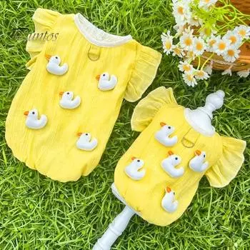 Желтая футболка для собак с уткой, летняя одежда для щенков с D-образным кольцом, жилет с рисунком для маленьких, средних и больших собак XS