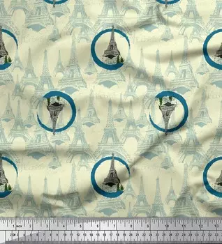Желтая хлопковая вуаль Soimoi с архитектурным принтом «Кедр и Эйфелева башня» по метрам, 56 дюймов 42 Inch Wide - Cotton Voile светло-желтого
