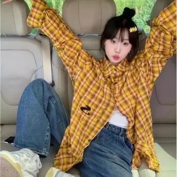 Желтая клетчатая рубашка женская американская летняя/осенняя с тонким воротником-лацканом и длинными рукавами, дизайн одежды, универсальные повседневные топы M жёлтый