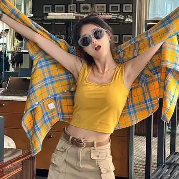 Желтая клетчатая женская рубашка с длинными рукавами, американская винтажная женская блузка с лацканами, весна-осень, свободный повседневный топ S жёлтый