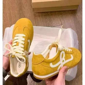 Желтая кожаная поверхность немецкие кроссовки женские весна 2025 новые популярные женские туфли на плоской подошве ретро повседневные спортивные туфли 35 жёлтый