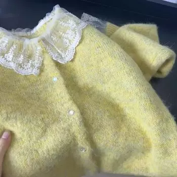 Желтая кружевная куртка-свитер с кукольным воротом, женская зимняя ленивая мягкая вощеная мохеровая вязаная кофта S жёлтый