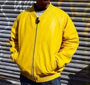 Желтая куртка кожаная стильная ручная работа дизайнерская мужская мотоциклетная байкерская овчина ручная работа XS жёлтый