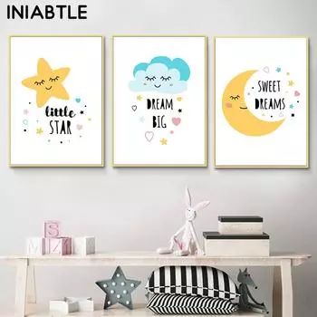 Желтая Луна Облако Звезда Детская Стена Книги по искусству Холст Плакат Печати Мечта Большая Картина Скандинавские Детские Украшения Картина Детская Спальня Декор 21cm30cm NoFrame