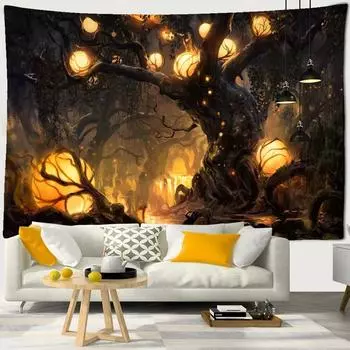 Желтая мечта Древо жизни гобелен Анимированный мир Настенный гобелен Хиппи Настенный декор 100x75cm