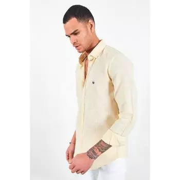 Желтая мужская рубашка с эффектом льна с вышивкой