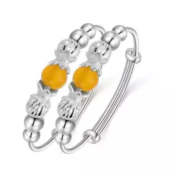Желтая нефритовая бусина из костного мозга S990, полностью серебряный детский браслет из чистого серебра для мальчиков и девочек, детский серебряный браслет, кольцо для ног, подарок в полнолуние Adjustable size