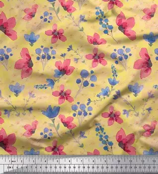 Желтая поли креповая ткань Soimoi с цветами и листьями, швейная ткань с акварельным принтом, метр 42 дюйма 42 Inch Wide - Poly Crepe жёлтый
