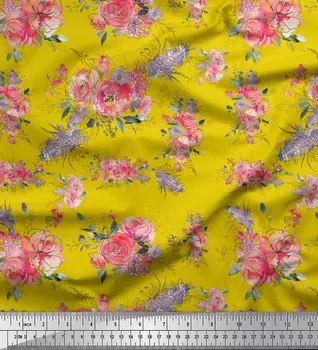Желтая полиэфирная креповая ткань Soimoi, Лютик и розы, цветочный декор, ткань с принтом BTY, 42 дюйма 42 Inch Wide - Poly Crepe жёлтый