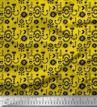 Желтая японская креп-атласная ткань Soimoi с листьями и цветочным декором в народном стиле, ткань с принтом, 42 дюйма 42 Inch Wide - Cotton Voile серый