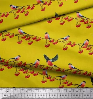 Желтая японская креп-сатиновая ткань Soimoi с принтом красных ягод и птиц снегиря по метрам 42 дюйма 42 Inch Wide - Poly Crepe жёлтый