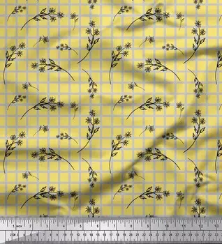 Желтая японская креп-сатиновая ткань Soimoi с цветочным и клетчатым принтом, 1 метр, 42 дюйма 42 Inch Wide - Poly Crepe жёлтый