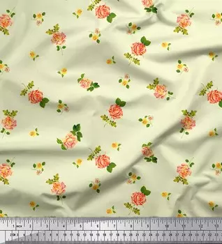 Желтая японская креп-сатиновая ткань Soimoi с листьями и розами Grandiflora, ткань с цветочным принтом, 42 дюйма на метр 42 Inch Wide - Cotton Voile жёлтый