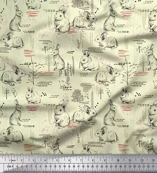 Желтая японская креп-сатиновая ткань Soimoi с абстрактным принтом и принтом кролика и животных, 42 дюйма по метрам 42 Inch Wide - Poly Crepe жёлтый