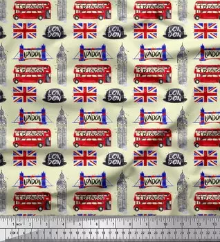 Желтая японская креп-сатиновая ткань Soimoi с архитектурным принтом на лондонскую тему, 42 дюйма на метр 42 Inch Wide - Cotton Voile жёлтый