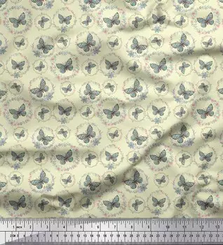 Желтая японская креп-сатиновая ткань Soimoi с принтом венка и бабочки, 42 дюйма по метрам 42 Inch Wide - Cotton Voile жёлтый