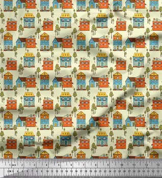 Желтая японская креп-сатиновая ткань Soimoi, ткань с архитектурным принтом в виде дерева и дома, 42 дюйма на метр 42 Inch Wide - Poly Crepe жёлтый