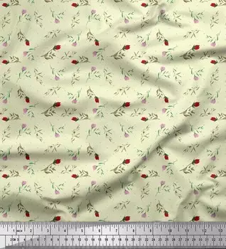 Желтая японская креп-сатиновая ткань Soimoi в горошек и бутоны с цветочным принтом 1 метр 42 дюйма 42 Inch Wide - Japan Crepe Satin жёлтый