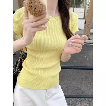 Желтая трикотажная футболка Pure Desire с тонким правым плечом, коротким рукавом и круглым вырезом, для женщин, весна и лето One Size