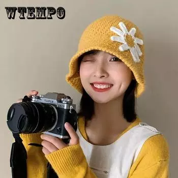 Желтая вязаная шерстяная рыбацкая шляпа, женская дикая японская шляпа-ведро с изображением лица, маленькая шляпа-ведро с ромашками One size