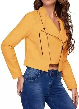 Желтая женская куртка из натуральной овчины ручной работы в стиле байкерского повседневного покроя XS жёлтый