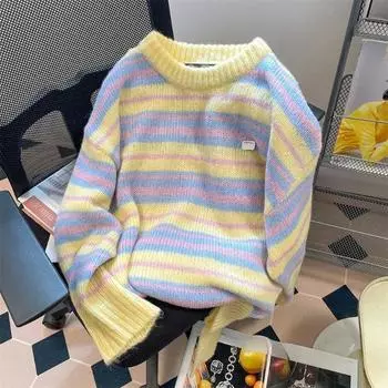 Желто-фиолетовый полосатый свитер для женщин Контрастный круглый вырез японские пуловеры женские свободные милые зимние вязаные топы One Size