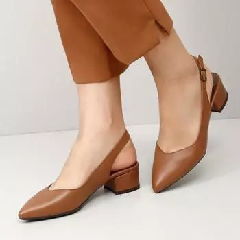 Желто-коричневые антикварные женские летние туфли с острым носком на толстом каблуке и открытой спиной из натуральной кожи с острым носком