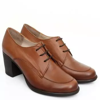 Желто-коричневые женские туфли из натуральной кожи со шнуровкой и круглым носком на среднем каблуке и толстой резиновой подошве со шнуровкой