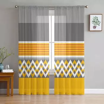Желто-серые полосатые тюлевые шторы с геометрическим рисунком для гостиной, кухни, современные оконные занавески из вуали 135W x 114H(cm)