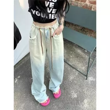 Желто-синие женские джинсы с градиентом, джинсовые брюки со спортивными штанами на шнурке, модная ткань 2023 года в стиле Харадзюку y2k, летняя заниженная талия S