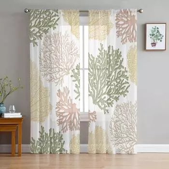 Желто-зеленые морские коралловые оконные тюлевые шторы для гостиной, кухни, современные оконные шторы из вуали 135W x 114H(cm)